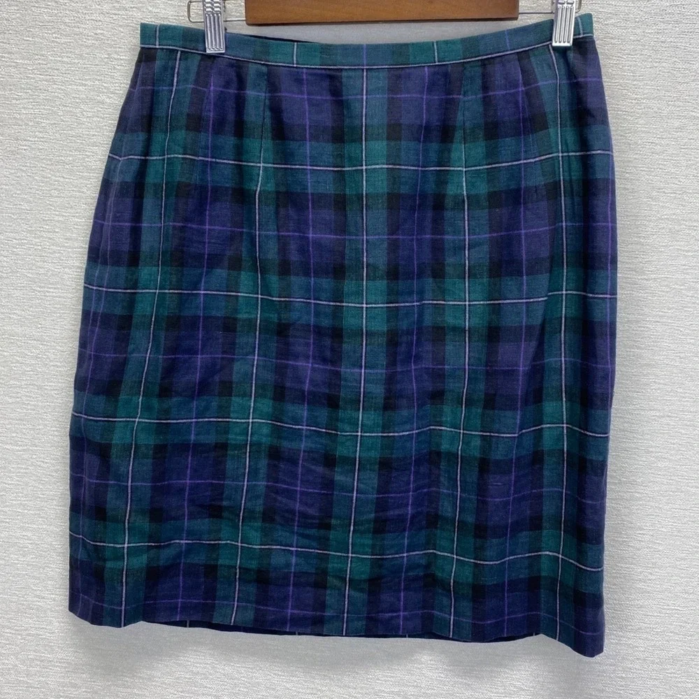 VTG‎ Chelsea Cambell Charter Club Plaid 100% Linen Wrap Skirt Women 12